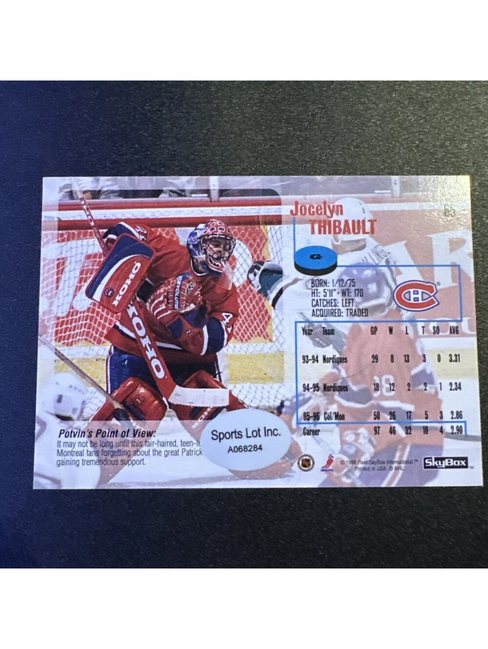 1996-97 Skybox Impact - Jocelyn Thibault #65 - Autographed No COA